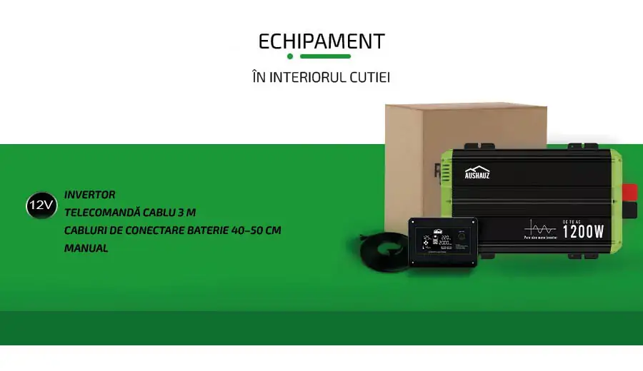 invertor 12-220 1200W - echipament: invertor, telecomandă, cablu de 3 m, cabluri de conectare a bateriei 40–50 cm, manual
